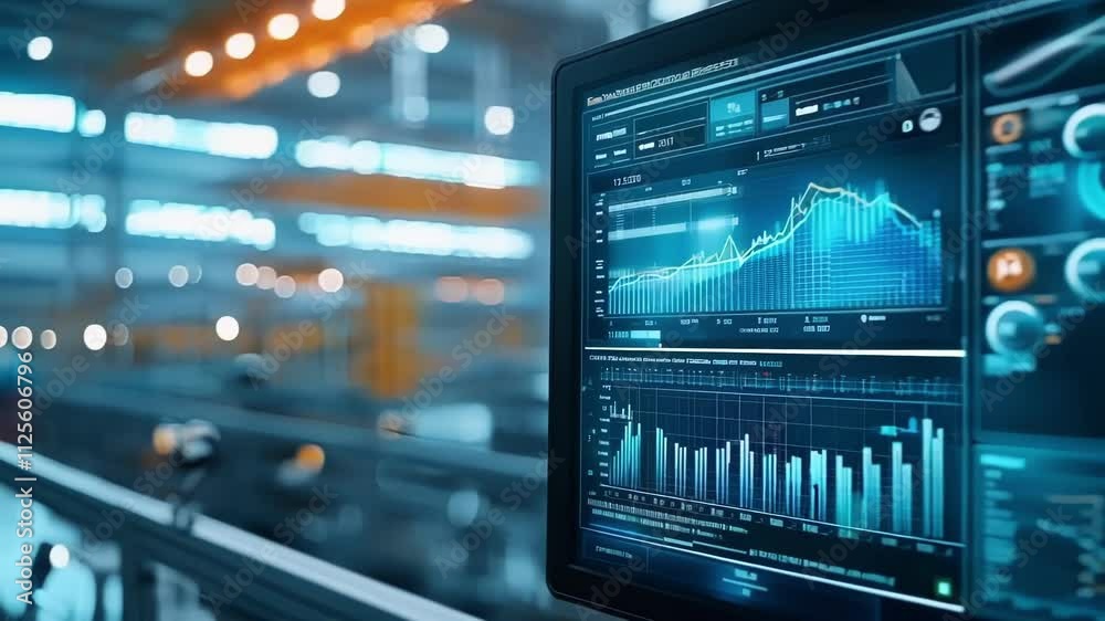 Montage showcasing the bustling activity of a modern manufacturing line, juxtaposed with computer screens displaying real time performance data and analytics