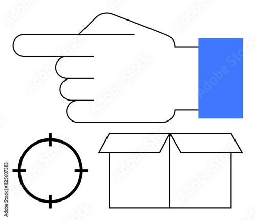 Open hand pointing left, black target crosshair and a partially opened box. Ideal for directions, navigation, logistics, shipping, target audience, focus delivery services. Line metaphor