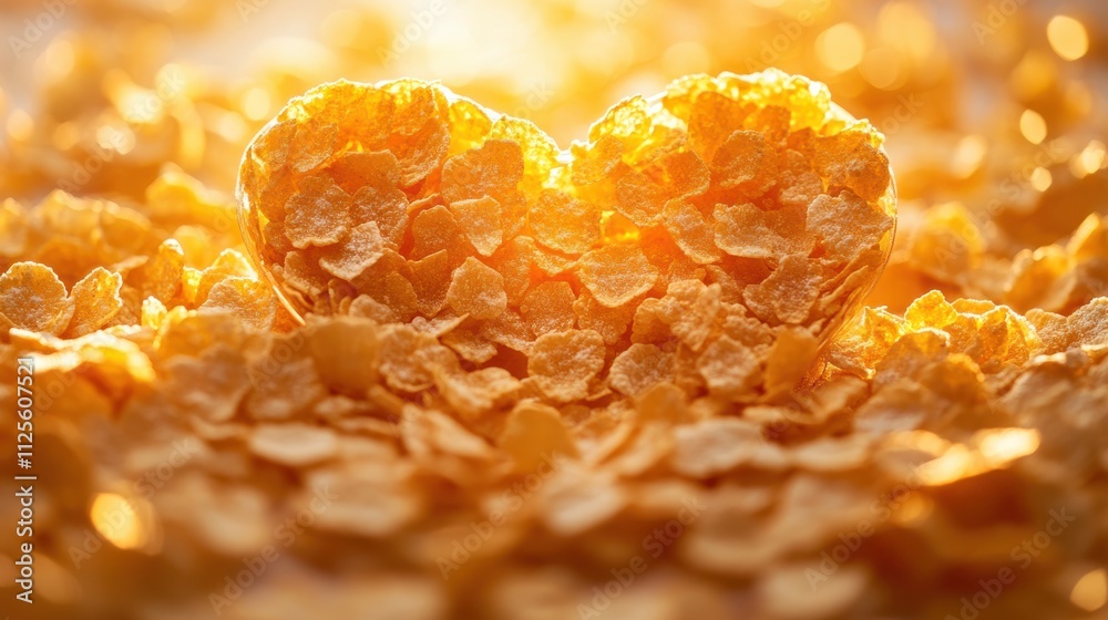A close-up image of a heart-shaped arrangement of golden cornflakes on a rich, cream-colored background, illuminated with warm A close-up image of a heart-shaped arrangement of golden cornflakes on a rich, cream-colored background, illuminated with warm