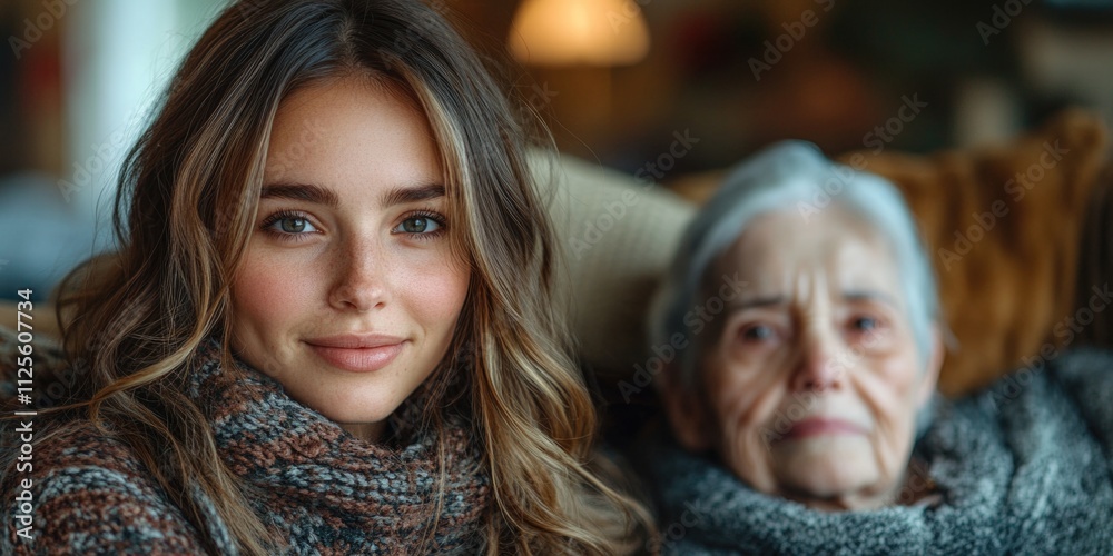 A woman and her older companion sit together on a couch, sharing a moment A woman and her older companion sit together on a couch, sharing a moment