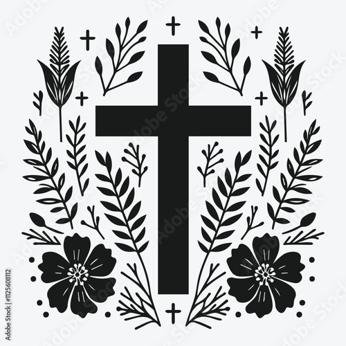 Christian Cross Vector Symbols in Flat Style, Floral Design Cross