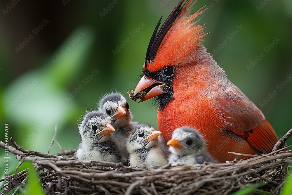 Fototapeta premium A vibrant cardinal feeding its chicks in a nest surrounded by greenery.