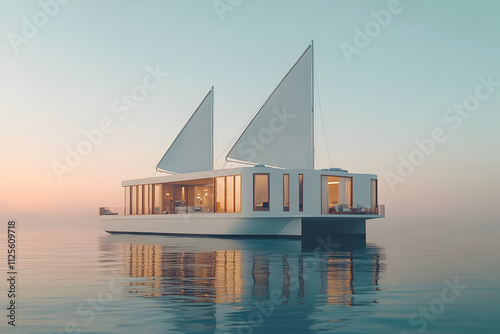 Luxurious floating villa at sunset, serene waters, modern architecture, sailboat design, peaceful ocean view. photo