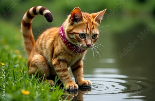 Teenage quadrobbers in beautiful cat masks, dressed in cat costumes, jumping on all fours, playing squatting, on a green lawn with a mountain lake in the background photo