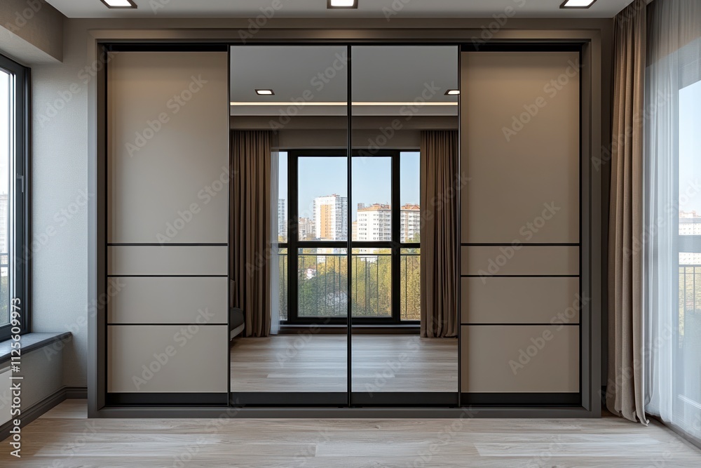 Fototapeta premium Modern mirrored sliding wardrobe in contemporary bedroom with city view.