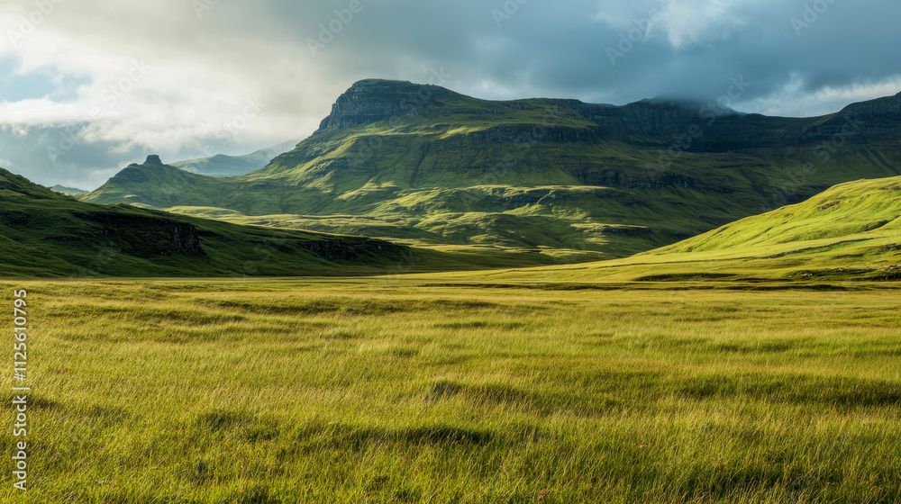 Majestic green hills and mountain landscape under dramatic cloudy skies Majestic green hills and mountain landscape under dramatic cloudy skies