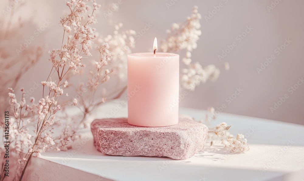 A pink candle is lit on a stone base A pink candle is lit on a stone base