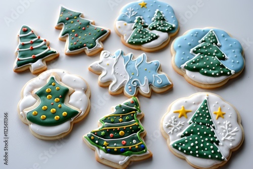 Decoratively Frosted Christmas Cookies Featuring Festive Trees, Snowflakes, and Colorful Sprinkles for Holiday Celebrations and Winter Festivities photo