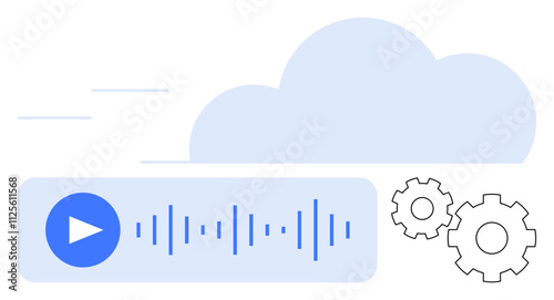 Audio playback bar with sound waves, cloud icon, and configuration gears. Ideal for cloud storage, media streaming, podcasting, online audio services, tech setups customization. Line metaphor