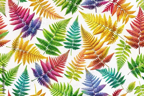 Colorful fern leaves create a seamless botanical pattern, ideal for backgrounds, textiles, and home decor. Vibrant, nature-inspired generative AI artwork for stylish designs.