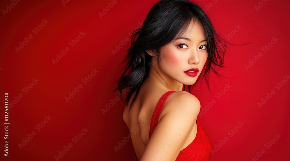 Femme brune asiatique en robe sur fond rouge, dans un studio de photographie, image avec espace pour texte. Femme brune asiatique en robe sur fond rouge, dans un studio de photographie, image avec espace pour texte.