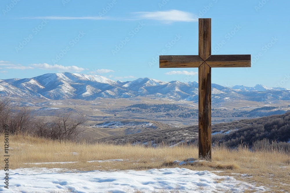 Large wooden cross standing in a snowy mountain landscape with rolling hills under a bright blue sky Large wooden cross standing in a snowy mountain landscape with rolling hills under a bright blue sky