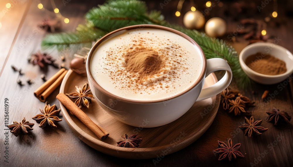 Warm chai latte with frothy milk and cinnamon served on a wooden tray surrounded by cozy decorations Warm chai latte with frothy milk and cinnamon served on a wooden tray surrounded by cozy decorations