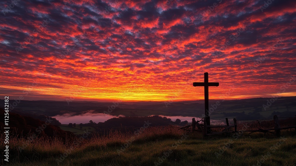 Majestic view of a cross silhouetted against vibrant red and orange clouds at sunrise over a serene countryside landscape Majestic view of a cross silhouetted against vibrant red and orange clouds at sunrise over a serene countryside landscape