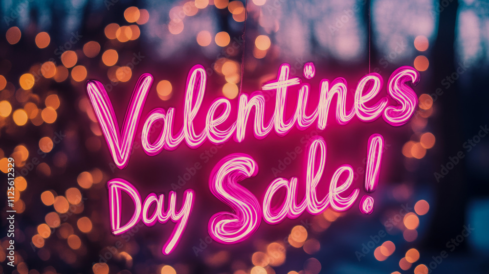 Valentine's day sale neon sign with heart lights in festive background