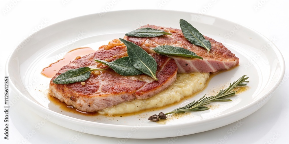 Thin Veal Saltimbocca on a White Dish with Herbs for Italian Cuisine Blogs, Gourmet Dinner Ideas, and Elegant Recipe Inspiration Thin Veal Saltimbocca on a White Dish with Herbs for Italian Cuisine Blogs, Gourmet Dinner Ideas, and Elegant Recipe Inspiration