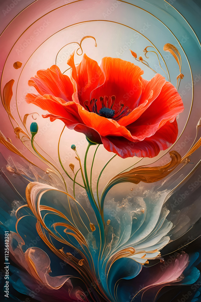 beautiful art picture with red poppies flowers in mosaic style. Digital artwork. Ai generated