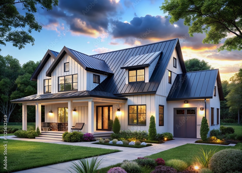 Contemporary farmhouse featuring an airy open-concept living room and a striking dark metal roof that combines style and functionality for a modern lifestyle. Contemporary farmhouse featuring an airy open-concept living room and a striking dark metal roof that combines style and functionality for a modern lifestyle.