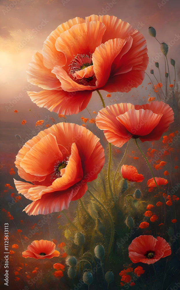 beautiful art picture with red poppies flowers in soft sunset light. Digital artwork. close up. Ai generated