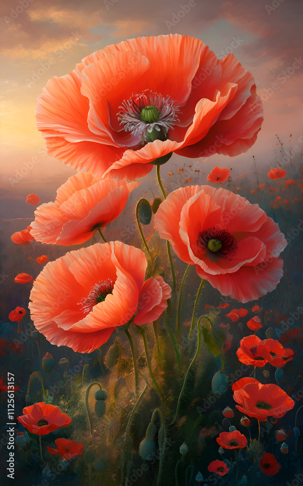 beautiful art picture with red poppies flowers in soft sunset light. Digital artwork. close up. Ai generated