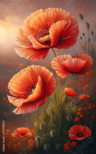 Obraz na płótnie beautiful art picture with red poppies flowers in soft sunset light. Digital artwork. close up. Ai generated w salonie