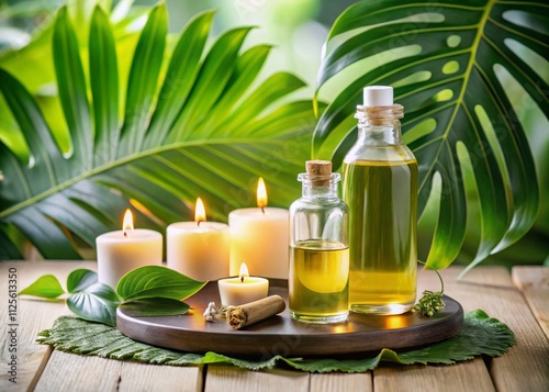 Create a serene spa ambiance with a tranquil table setting featuring oil bottles, flickering candles, and tropical leaves to enhance relaxation and wellness.