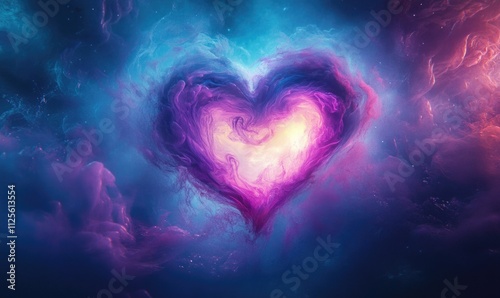 A heart is shown in the middle of a blue and purple sky