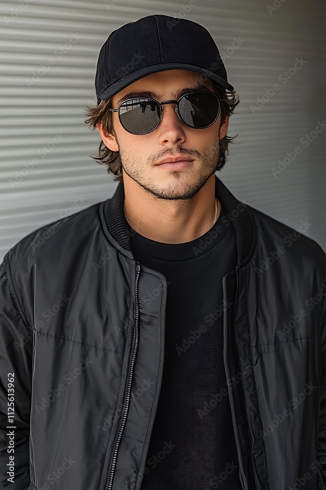 Fototapeta premium A young man in a black bomber jacket and cap poses with sunglasses.