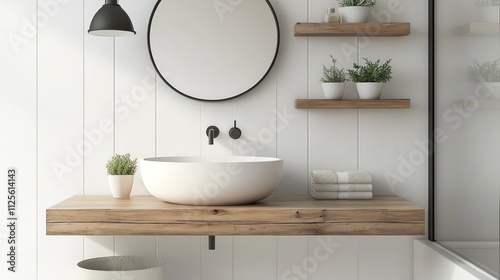 Modern minimalist bathroom with wooden vanity, round mirror, and plants. (1)