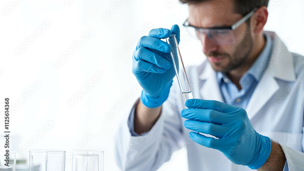 A scientist in a lab coat and gloves carefully examining a test tube, set against a bright, plain white background, showcasing a focused and professional laboratory environment.
A scientist in a lab coat and gloves carefully examining a test tube, set against a bright, plain white background, showcasing a focused and professional laboratory environment.