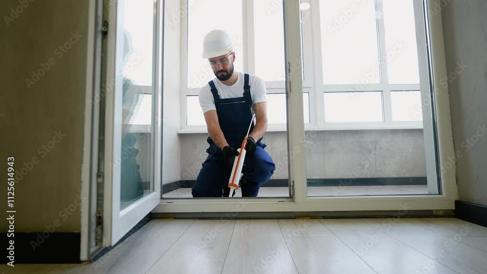 Worker in Uniform Applying Foam Sealant to Window Frame Worker in Uniform Applying Foam Sealant to Window Frame