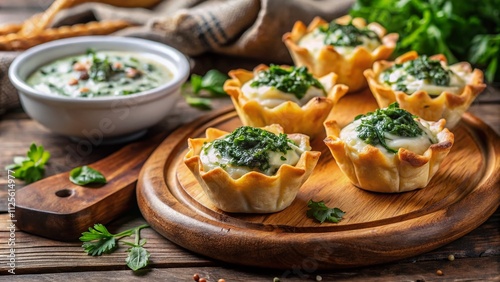 Delightful phyllo pastry cups filled with creamy spinach and artichoke dip, topped with melted cheese. A perfect, bite-sized appetizer for any gathering or party!