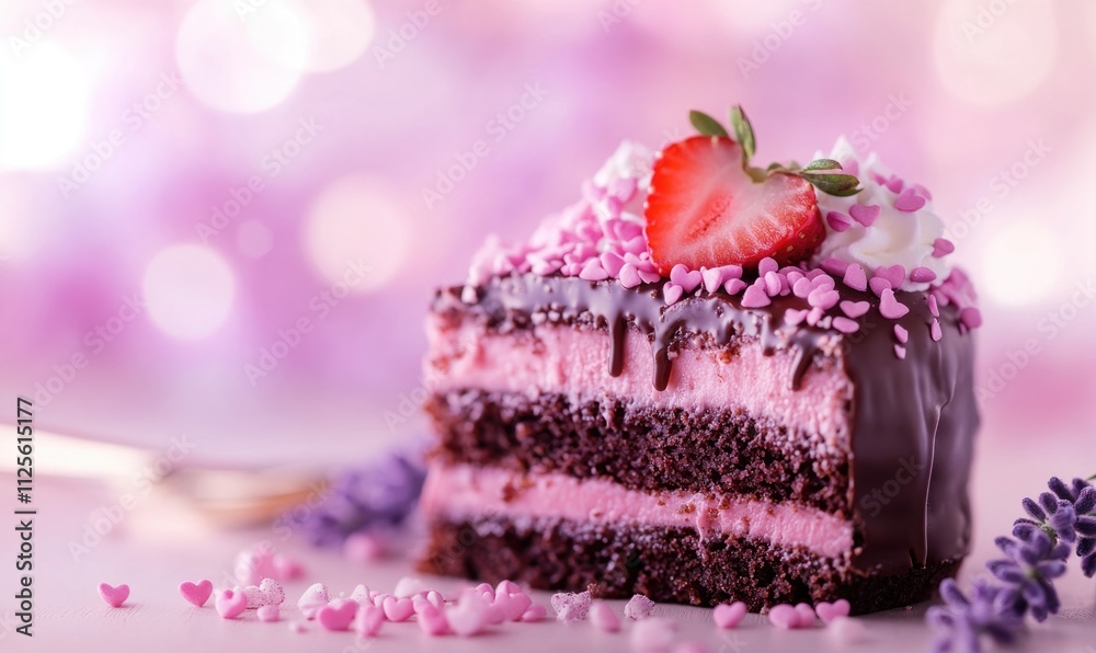 A slice of chocolate cake with pink frosting and strawberries on top A slice of chocolate cake with pink frosting and strawberries on top