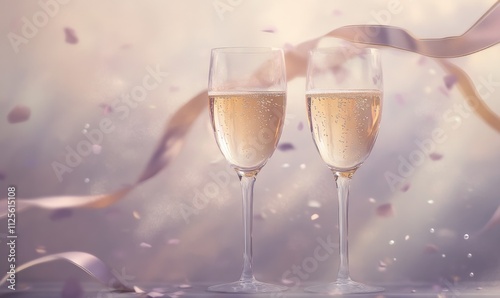 Two champagne glasses with a ribbon in the background