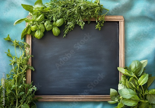 Fresh Herbs & Blank Chalkboard Menu Design photo