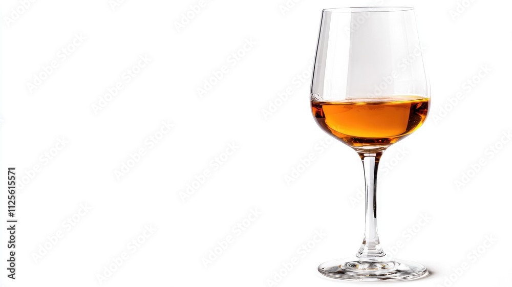 Glass of amber liquid, half-filled, on white background Glass of amber liquid, half-filled, on white background