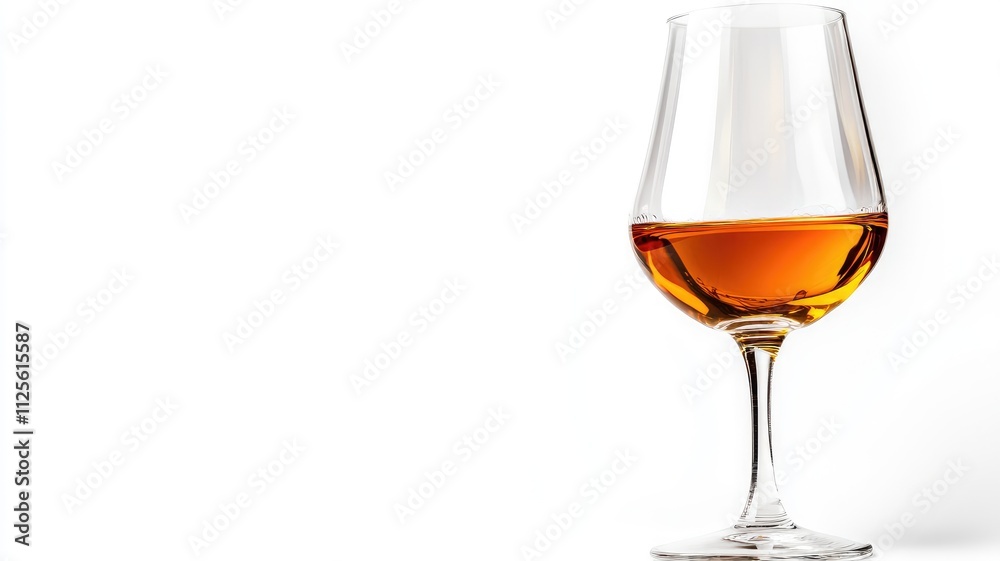 Glass filled with amber-colored liquid on white background Glass filled with amber-colored liquid on white background
