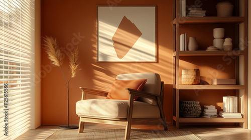 Cozy reading corner with warm orange tones and wooden bookshelf
