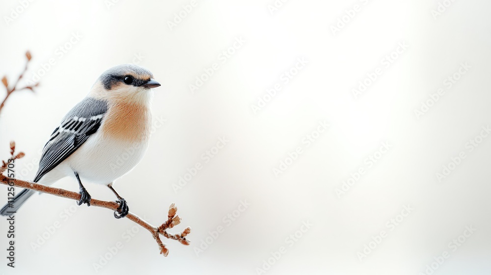 Small bird with white and brown plumage perched on thin branch in minimalist winter setting Small bird with white and brown plumage perched on thin branch in minimalist winter setting