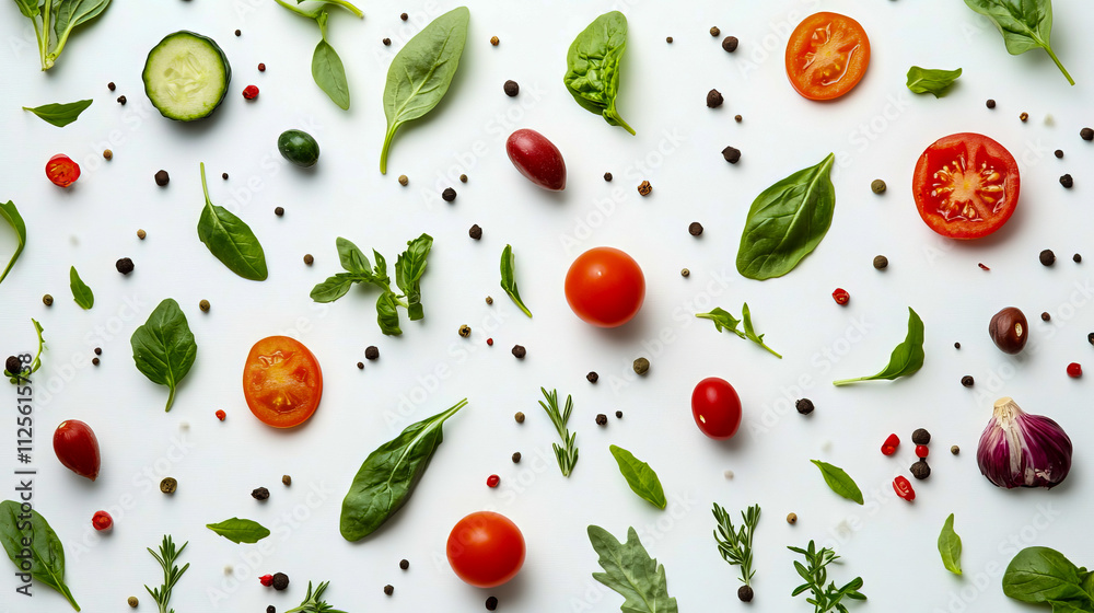 Fresh ingredients: assorted vegetables and herbs on white background Fresh ingredients: assorted vegetables and herbs on white background