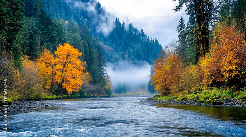 Misty river surrounded by vibrant autumn forest and evergreen mountains Misty river surrounded by vibrant autumn forest and evergreen mountains