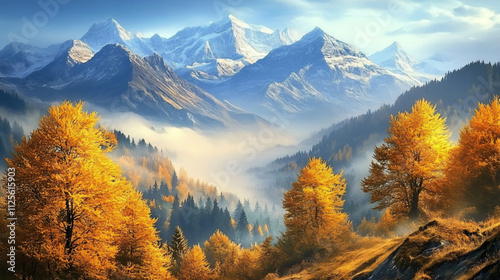 The beauty of autumn in the Alps with snow-covered peaks, autumn foliage, and dramatic sky.