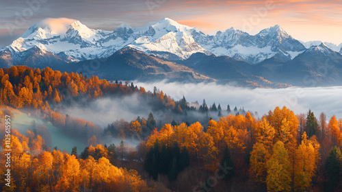 The beauty of autumn in the Alps with snow-covered peaks, autumn foliage, and dramatic sky.