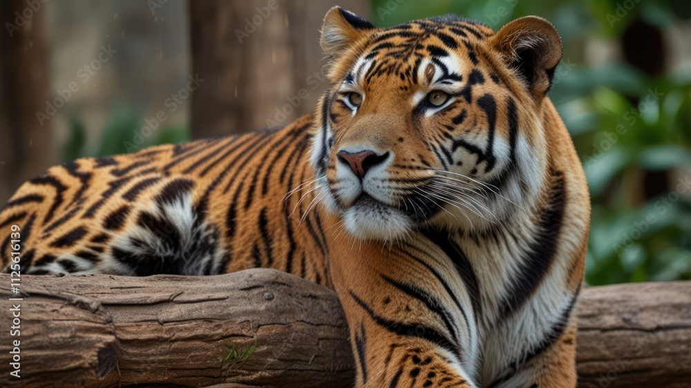 Fototapeta premium Majestic tiger resting on a log, showcasing its striking orange and black stripes.