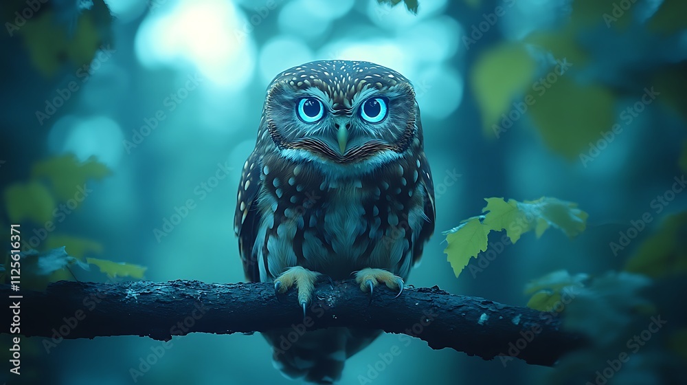 An owl perched on a branch in a misty forest setting. An owl perched on a branch in a misty forest setting.