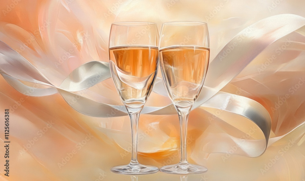 Two wine glasses are on a table with a ribbon Two wine glasses are on a table with a ribbon