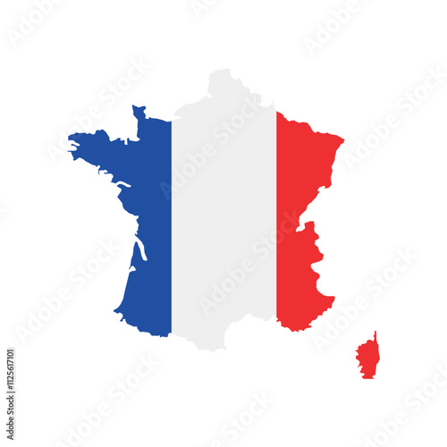 Vector illustration of France map overlaid with the national flag, highlighting the country's geographic outline combined with its national colors.