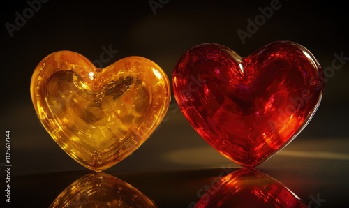 Two hearts, one orange and one red, are sitting on a table