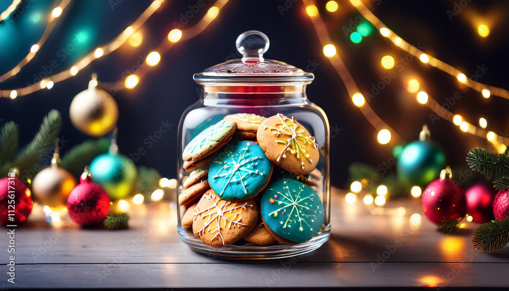 Fototapeta premium Colorful Christmas cookies displayed in a festive jar with twinkling lights and holiday decorations