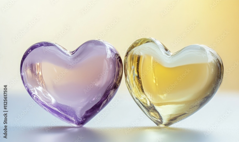 Two hearts made of glass are on a table Two hearts made of glass are on a table